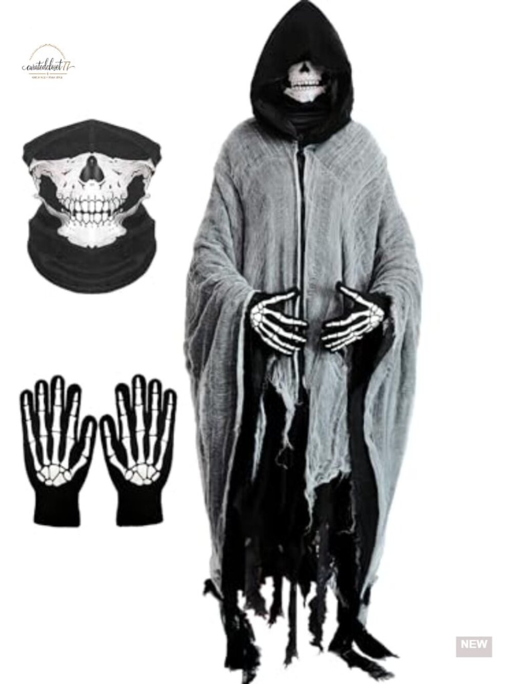 Grim Reaper Halloween Costume Set with Hooded Cloak Skull Mask Skeleton Gloves